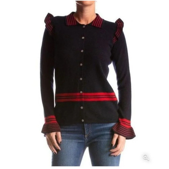 Madeleine Thompson 100% Cashmere Cardigan Blue Red Striped Ruffles size Medium - Picture 1 of 9